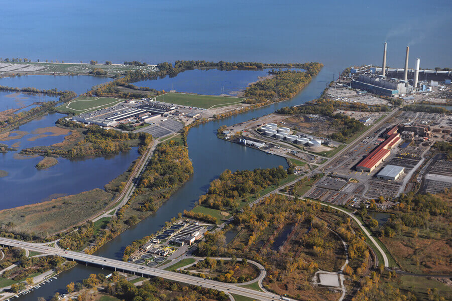 An aerial photograph of Monroe Harbor in Monroe, Michigan. Monroe, Michigan is a location served by Holland Movers.